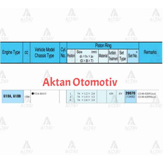 SEGMAN SWIFT   89-97 / SAMURAI 1.3 / 74.00mm / G13A-G13B / STD TAKIM