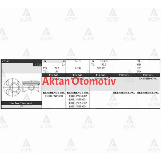 PİSTON TAKIM CRV 2.0L / 02-06 / 86.50mm / K20A / ACCORD 2.0L 03-07 / 0.50