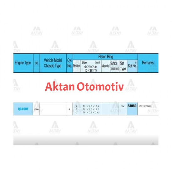 SEGMAN PRIMERA 03-07 1.6 / 76.00mm / QG16DE / STD TAKIM