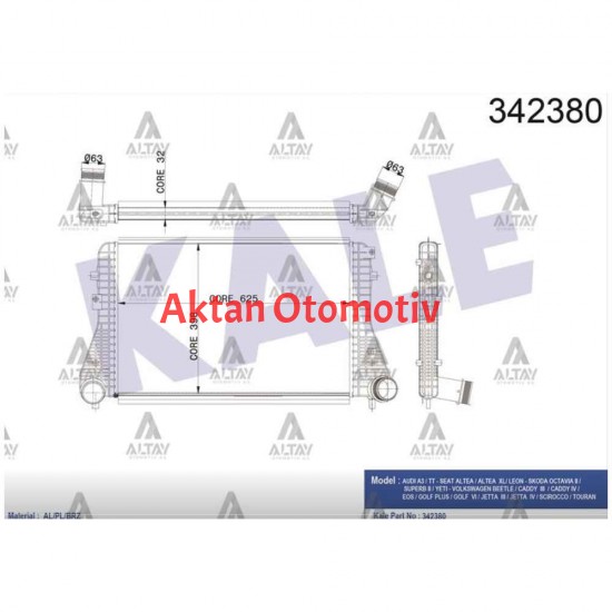 TURBO RADYATÖRÜ (INTERCOOLER) CADDY / JETTA / GOLF 10= CAYB-CAYC-CAYE-CBAB 1.6 TDI-2.0 TDI BRAZING
