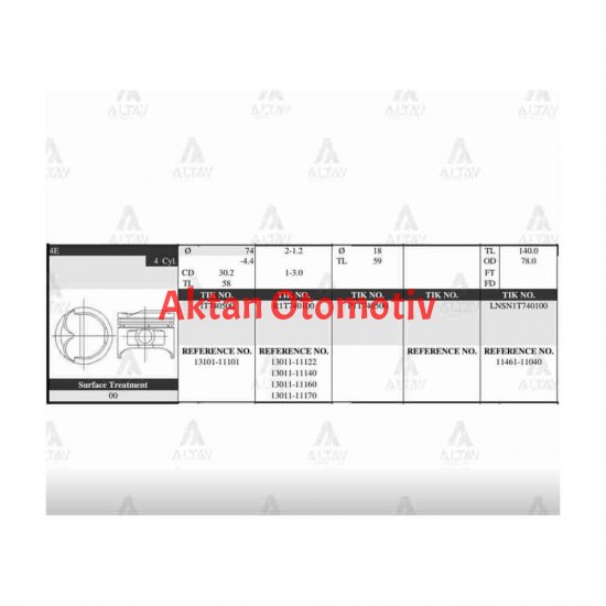 PİSTON TAKIM COROLLA 1.3L ENJ. /  98-00 / 74.00mm / 4E / STD