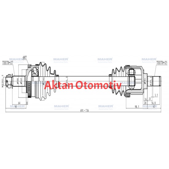AKS KOMPLE ÖN IX-35 10-15 / SPORTAGE 11-16 / 1.6 BENZİNLİ M/T SAĞ ABSLİ 48 DİŞ 691mm AKS KOMPLE ÖN IX-35 10-15 / SPORTAGE 11-16 / 1.6 BENZİNLİ M/T SAĞ ABSLİ 48 DİŞ 691mm