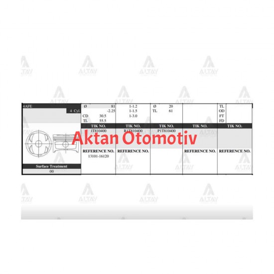PİSTON TAKIM COROLLA 1.6L ENJ. /  92-00 /  81.50mm / 4AFE / 0.50