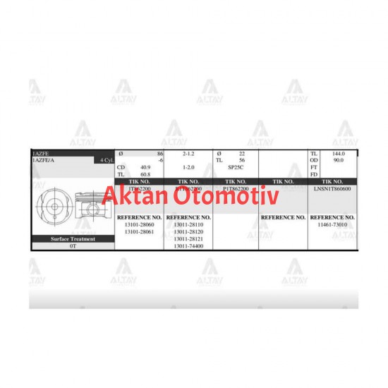 PİSTON TAKIM RAV-4 2.0L / AVENSIS 01-03 / 86.50mm / 1AZFSE / 0.50