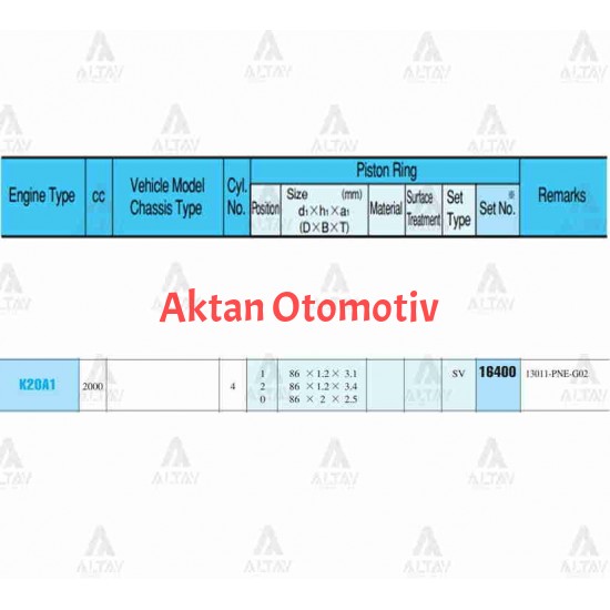 SEGMAN ACCORD 03-08 2.0 / CRV 02-06 /   86.50mm / K20A / 0.50 TAKIM