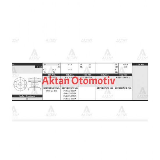 PİSTON TAKIM 626 1.6L /  88-91 /  81.50mm / F6 TEPELİ / 0.50