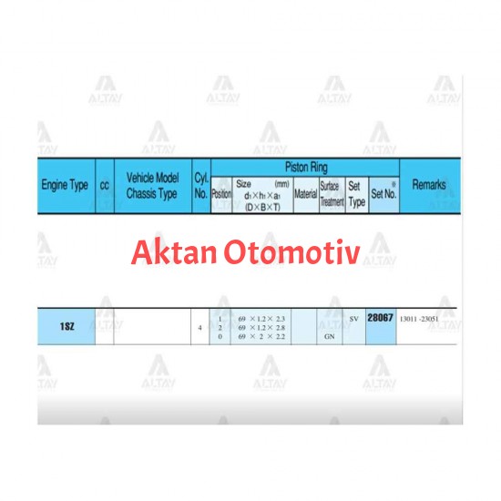 SEGMAN YARIS  99-01 1.0 / 69.00mm / 1SZFE / STD TAKIM